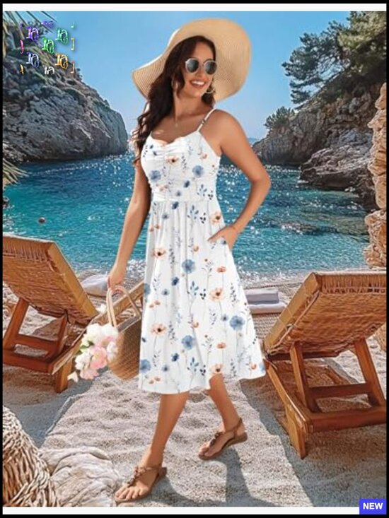 Floral Ruched V-Neck Midi Sundress Adjustable Straps Pockets Summer Casual - Picture 5 of 7